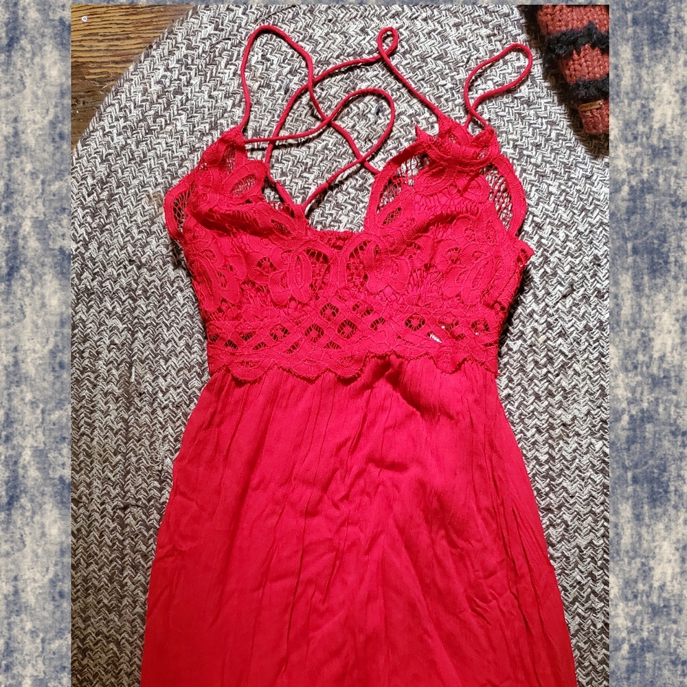 Free People FP ONE Adella Crochet lace gauzy maxi midi dress summer strappy red - Picture 7 of 16